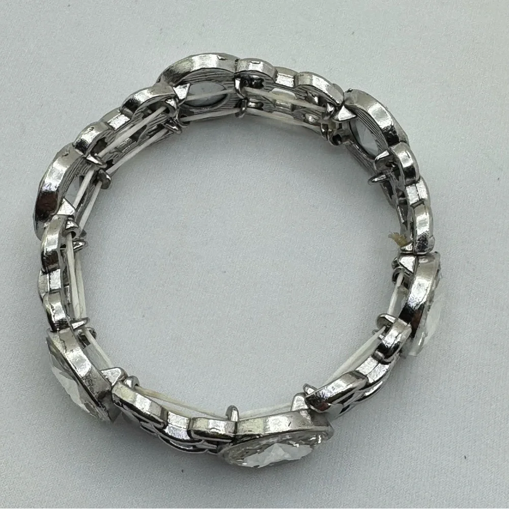 Silver Tone Crystal Stretch Bracelet Round Rhinestone Statement Bold Sparkle